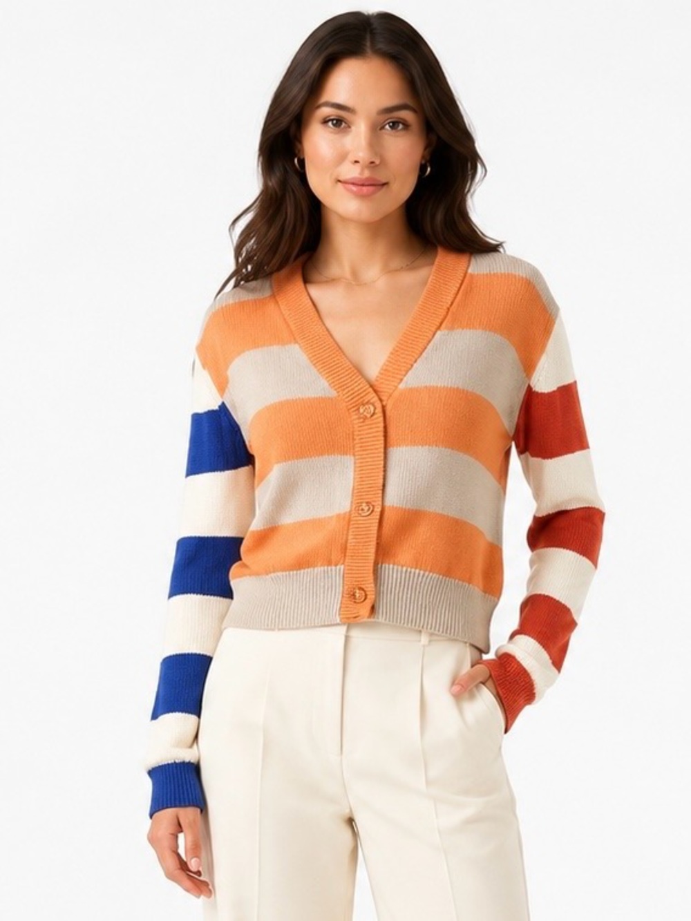 KULE Striped Colorblock Wool Cotton Cardigan Sweater Orange Blue Size M